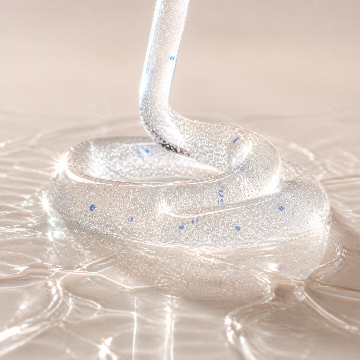Silvery translucent gel with suspended blue particles and water runoff