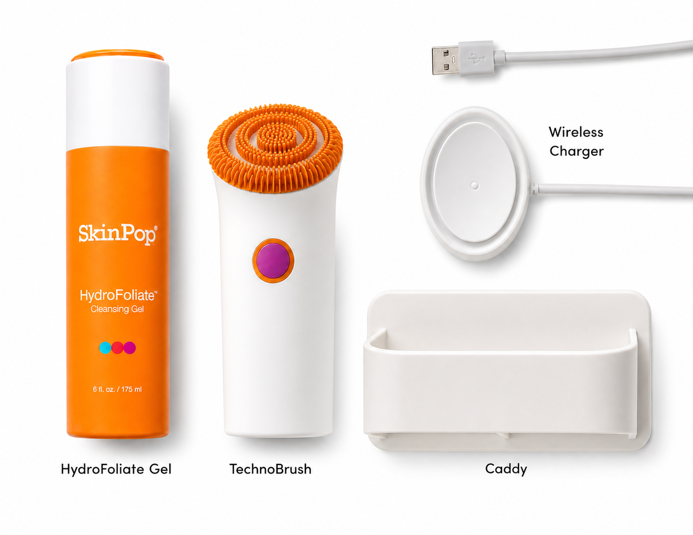 SkinPop HydroFoliate Gel, TechnoBrush, wireless charger and caddy